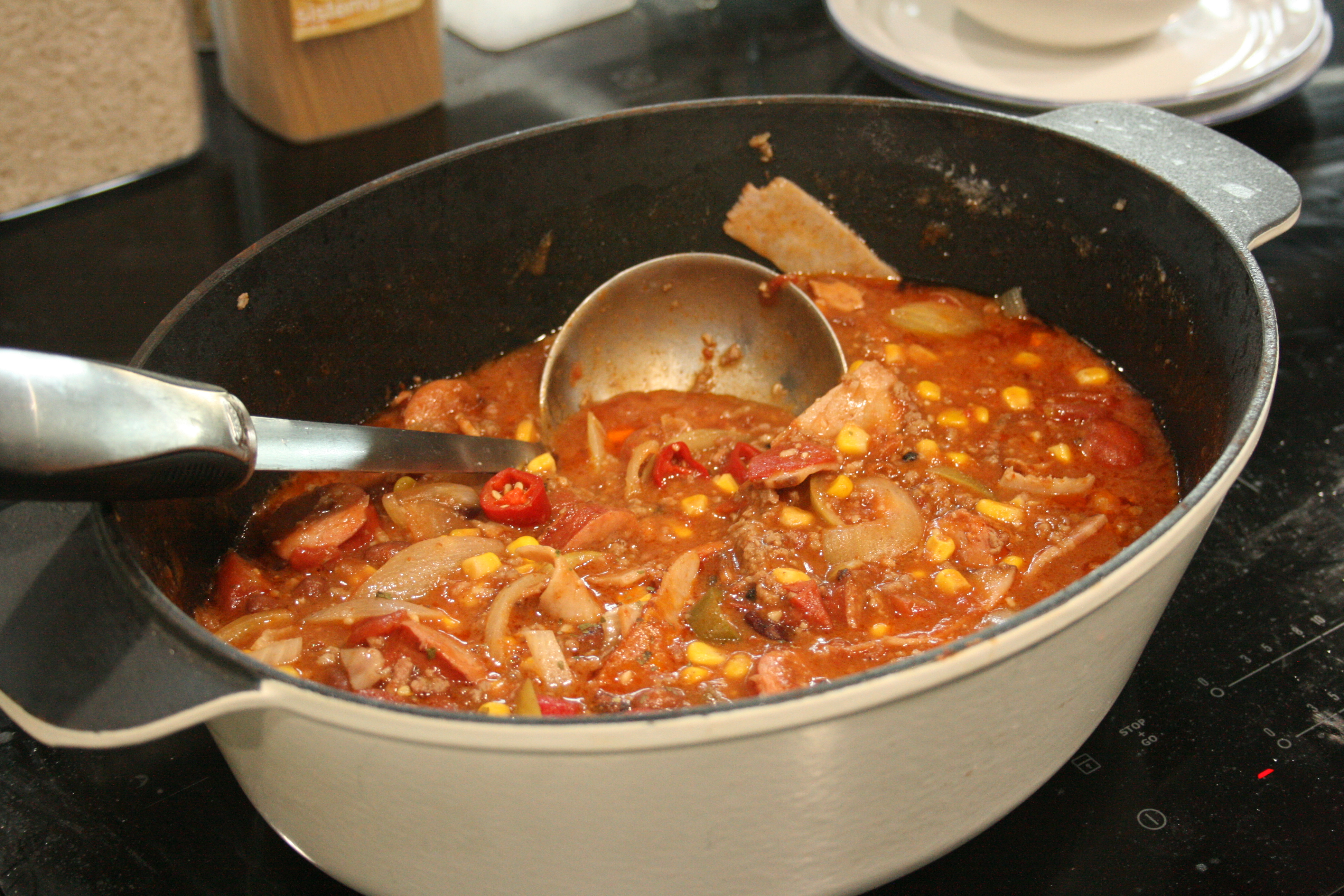 Cowboy stew in a heavy iron cooking pot